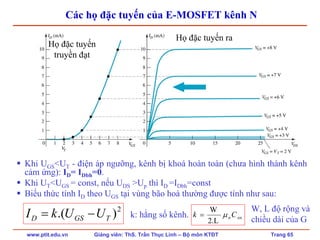 www.ptit.edu.vn Giảng viên: ThS. Trần Thục Linh – Bộ môn KTĐT Trang 65
Các họ đặc tuyến của E-MOSFET kênh N
Khi UGS<UT - điện áp ngưỡng, kênh bị khoá hoàn toàn (chưa hình thành kênh
cảm ứng): ID= IDbh=0.
Khi UT<UGS = const, nếu UDS >Up thì ID =IDbh=const
Biểu thức tính ID theo UGS tại vùng bão hoà thường được tính như sau:
2
).( TGSD UUkI −=
Họ đặc tuyến
truyền đạt
Họ đặc tuyến ra
k: hằng số kênh. ox
2.L
W
Ck nμ=
W, L độ rộng và
chiều dài của G
 