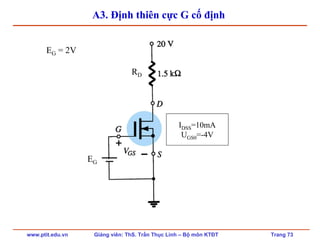 www.ptit.edu.vn Giảng viên: ThS. Trần Thục Linh – Bộ môn KTĐT Trang 73
A3. Định thiên cực G cố định
IDSS=10mA
UGS0=-4V
RD
EG
EG = 2V
 