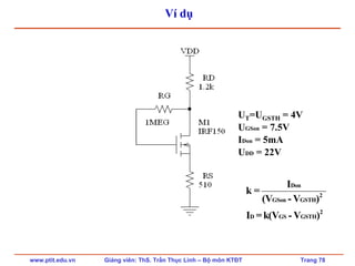 www.ptit.edu.vn Giảng viên: ThS. Trần Thục Linh – Bộ môn KTĐT Trang 78
Ví dụ
UT=UGSTH = 4V
UGSon = 7.5V
IDon = 5mA
UDD = 22V
Don
2
GSon GSTH
2
D GS GSTH
I
k =
(V - V )
I =k(V - V )
 
