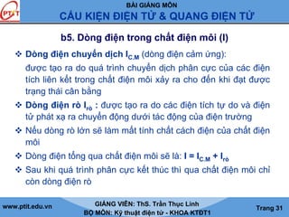 BÀI GIẢNG MÔN
CẤU KIỆN ĐIỆN TỬ & QUANG ĐIỆN TỬ
www.ptit.edu.vn GIẢNG VIÊN: ThS. Trần Thục Linh
BỘ MÔN: Kỹ thuật điện tử - KHOA KTĐT1
Trang 31
b5. Dòng điện trong chất điện môi (I)
Dòng điện chuyển dịch IC.M (dòng điện cảm ứng):
được tạo ra do quá trình chuyển dịch phân cực của các điện
tích liên kết trong chất điện môi xảy ra cho đến khi đạt được
trạng thái cân bằng
Dòng điện rò Irò : được tạo ra do các điện tích tự do và điện
tử phát xạ ra chuyển động dưới tác động của điện trường
Nếu dòng rò lớn sẽ làm mất tính chất cách điện của chất điện
môi
Dòng điện tổng qua chất điện môi sẽ là: I = IC.M + Irò
Sau khi quá trình phân cực kết thúc thì qua chất điện môi chỉ
còn dòng điện rò
 