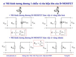 www.ptit.edu.vn Giảng viên: ThS. Trần Thục Linh – Bộ môn KTĐT Trang 83
a/ Mô hình tương đương 1 chiều và tín hiệu lớn của D-MOSFET
K.IDSSRGSUGS
-
+
+
-
UDS
+ Mô hình tương đương D-MOSFET làm việc ở vùng bão hoà
K.IDSSRGSUGS
+
-
-
+
UDS
+ Mô hình tương đương D-MOSFET làm việc ở vùng ohmic
UGS
RGS
-
+
+
-
UDSRDS RGSUGS
+
-
-
+
UDSRDS
2
0
1 ⎟⎟
⎠
⎞
⎜⎜
⎝
⎛
−=
GS
GS
U
U
K
2
0
1 ⎟⎟
⎠
⎞
⎜⎜
⎝
⎛
−=
GS
GS
U
U
K
Dbh
p
DS
I
V
R =
G
D
S
G
D
S
 