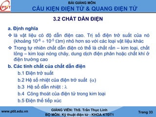 BÀI GIẢNG MÔN
CẤU KIỆN ĐIỆN TỬ & QUANG ĐIỆN TỬ
www.ptit.edu.vn GIẢNG VIÊN: ThS. Trần Thục Linh
BỘ MÔN: Kỹ thuật điện tử - KHOA KTĐT1
Trang 33
3.2 CHẤT DẪN ĐIỆN
a. Định nghĩa
là vật liệu có độ dẫn điện cao. Trị số điện trở suất của nó
(khoảng 10-8 ÷ 10-5 Ωm) nhỏ hơn so với các loại vật liệu khác
Trong tự nhiên chất dẫn điện có thể là chất rắn – kim loại, chất
lỏng – kim loại nóng chảy, dung dịch điện phân hoặc chất khí ở
điện trường cao
b. Các tính chất của chất dẫn điện
b.1 Điện trở suất
b.2 Hệ số nhiệt của điện trở suất (α)
b.3 Hệ số dẫn nhiệt : λ
b.4 Công thoát của điện tử trong kim loại
b.5 Điện thế tiếp xúc
 