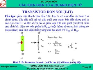 BÀI GIẢNG MÔN
CẤU KIỆN ĐIỆN TỬ & QUANG ĐIỆN TỬ
www.ptit.edu.vn GIẢNG VIÊN: ThS. Trần Thục Linh
BỘ MÔN: Kỹ thuật điện tử - KHOA KTĐT1
Trang 16
TRANSISTOR ĐƠN NỐI (UJT)
Hình 7.12 - Transistor đơn nối: (a) Cấu tạo, (b) Mô hình, (c) Ký hiệu
Cấu tạo: gồm một thanh bán dẫn Silic loại N có một đầu nối loại P ở
chính giữa. Các đầu nối tại hai đầu cuối của thanh bán dẫn được gọi là
các cực cửa B1 và B2; điểm nối ở giữa loại P là cực phát (emitter). Khi
cực phát hở, điện trở toàn phần là RBB0 (một thông số trong bản thông số
(data sheet) của linh kiện) bằng tổng của hai điện trở RB1 và RB2.
 