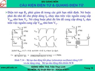 BÀI GIẢNG MÔN
CẤU KIỆN ĐIỆN TỬ & QUANG ĐIỆN TỬ
www.ptit.edu.vn GIẢNG VIÊN: ThS. Trần Thục Linh
BỘ MÔN: Kỹ thuật điện tử - KHOA KTĐT1
Trang 19
Điện trở nạp RE phải giảm đi trong các giới hạn nhất định. Nó buộc
phải đủ nhỏ để cho phép dòng IP chảy dựa trên việc nguồn cung cấp
VBB nhỏ hơn VP. Nó cũng buộc phải đủ lớn để cung cấp dòng IV dựa
trên việc nguồn cung cấp VBB nhỏ hơn VV.
Hình 7.14 - Bộ tạo dao động hồi phục (relaxation oscillator) dùng UJT
và các dạng sóng. Bộ tạo dao động điều khiển SCR
 