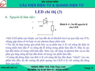 BÀI GIẢNG MÔN
CẤU KIỆN ĐIỆN TỬ & QUANG ĐIỆN TỬ
www.ptit.edu.vn GIẢNG VIÊN: ThS. Trần Thục Linh
BỘ MÔN: Kỹ thuật điện tử - KHOA KTĐT1
Trang 12
LED chỉ thị (3)
b. Nguyên lý làm việc:
+
LED
U
R
_
Hình 8- 4 : Sơ đồ nguyên lý
của LED
• Khi LED phân cực thuận, các hạt dẫn đa số khuếch tán ồ ạt qua tiếp xúc P-N,
chúng gặp nhau sẽ tái hợp và các photon được phát sinh.
• Tốc độ tái hợp trong quá trình bức xạ tự phát này tỉ lệ với nồng độ điện tử
trong phần bán dẫn P và nồng độ lỗ trống trong phần bán dẫn N. Đây là các
hạt dẫn thiểu số trong chất bán dẫn. Như vậy, để tăng số photon bức xạ ra cần
phải gia tăng nồng độ hạt dẫn thiểu số trong các phần bán dẫn.
• Cường độ dòng điện của điôt tỉ lệ với nồng độ hạt dẫn được "chích" vào các
phần bán dẫn, do đó cường độ phát quang của LED tỉ lệ với cường độ dòng
điện qua điôt
 