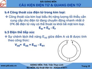 BÀI GIẢNG MÔN
CẤU KIỆN ĐIỆN TỬ & QUANG ĐIỆN TỬ
www.ptit.edu.vn GIẢNG VIÊN: ThS. Trần Thục Linh
BỘ MÔN: Kỹ thuật điện tử - KHOA KTĐT1
Trang 35
b.4 Công thoát của điện tử trong kim loại:
Công thoát của kim loại biểu thị năng lượng tối thiểu cần
cung cấp cho điện tử đang chuyển động nhanh nhất ở
00K để điện tử này có thể thoát ra khỏi bề mặt kim loại.
EW = EB - EF
b.5 Điện thế tiếp xúc
Sự chênh lệch thế năng EAB giữa điểm A và B được tính
theo công thức:
VAB= EAB = EW2 - EW1
A B
1 2
C
 