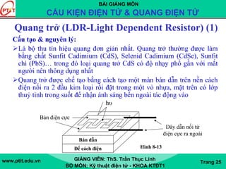 BÀI GIẢNG MÔN
CẤU KIỆN ĐIỆN TỬ & QUANG ĐIỆN TỬ
www.ptit.edu.vn GIẢNG VIÊN: ThS. Trần Thục Linh
BỘ MÔN: Kỹ thuật điện tử - KHOA KTĐT1
Trang 25
Quang trở (LDR-Light Dependent Resistor) (1)
Cấu tạo & nguyên lý:
Là bộ thu tín hiệu quang đơn giản nhất. Quang trở thường được làm
bằng chất Sunfit Cadimium (CdS), Selenid Cadimium (CdSe), Sunfit
chì (PbS)… trong đó loại quang trở CdS có độ nhạy phổ gần với mắt
người nên thông dụng nhất
Quang trở được chế tạo bằng cách tạo một màn bán dẫn trên nền cách
điện nối ra 2 đầu kim loại rồi đặt trong một vỏ nhựa, mặt trên có lớp
thuỷ tinh trong suốt để nhận ánh sáng bên ngoài tác động vào
Bán dẫn
Đế cách điện
Bản điện cực
Dây dẫn nối từ
điện cực ra ngoài
hυ
Hình 8-13
 