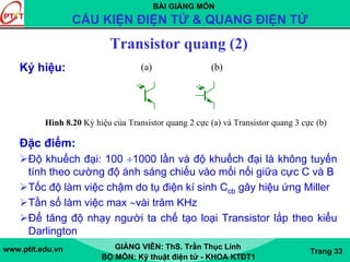 BÀI GIẢNG MÔN
CẤU KIỆN ĐIỆN TỬ & QUANG ĐIỆN TỬ
www.ptit.edu.vn GIẢNG VIÊN: ThS. Trần Thục Linh
BỘ MÔN: Kỹ thuật điện tử - KHOA KTĐT1
Trang 33
Transistor quang (2)
Ký hiệu:
Đặc điểm:
Độ khuếch đại: 100 ÷1000 lần và độ khuếch đại là không tuyến
tính theo cường độ ánh sáng chiếu vào mối nối giữa cực C và B
Tốc độ làm việc chậm do tụ điện kí sinh Ccb gây hiệu ứng Miller
Tần số làm việc max ∼vài trăm KHz
Để tăng độ nhạy người ta chế tạo loại Transistor lắp theo kiểu
Darlington
Hình 8.20 Ký hiệu của Transistor quang 2 cực (a) và Transistor quang 3 cực (b)
!NPN!NPN
(a) (b)
 