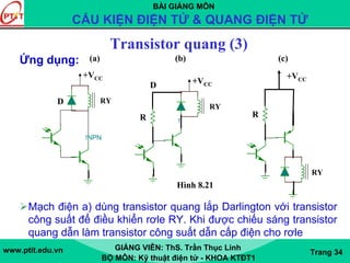 BÀI GIẢNG MÔN
CẤU KIỆN ĐIỆN TỬ & QUANG ĐIỆN TỬ
www.ptit.edu.vn GIẢNG VIÊN: ThS. Trần Thục Linh
BỘ MÔN: Kỹ thuật điện tử - KHOA KTĐT1
Trang 34
Transistor quang (3)
Ứng dụng:
Mạch điện a) dùng transistor quang lắp Darlington với transistor
công suất để điều khiển rơle RY. Khi được chiếu sáng transistor
quang dẫn làm transistor công suất dẫn cấp điện cho rơle
D 1N11831m
RY
+VCC
!NPN
!NPN
!NPN
1k
R
1N11831m
RY
+VCC
!PNP
(a) (b) (c)
Hình 8.21
D
!NPN
!NPN
1k
R
1N11831m
RY
+VCC
 