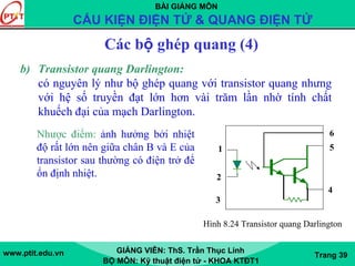 BÀI GIẢNG MÔN
CẤU KIỆN ĐIỆN TỬ & QUANG ĐIỆN TỬ
www.ptit.edu.vn GIẢNG VIÊN: ThS. Trần Thục Linh
BỘ MÔN: Kỹ thuật điện tử - KHOA KTĐT1
Trang 39
Các bộ ghép quang (4)
NDAR1
1k
1 5
2
4
6
3
1N1183Hình 8.24 Transistor quang Darlington
b) Transistor quang Darlington:
có nguyên lý như bộ ghép quang với transistor quang nhưng
với hệ số truyền đạt lớn hơn vài trăm lần nhờ tính chất
khuếch đại của mạch Darlington.
Nhược điểm: ảnh hưởng bởi nhiệt
độ rất lớn nên giữa chân B và E của
transistor sau thường có điện trở để
ổn định nhiệt.
 
