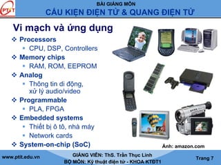 BÀI GIẢNG MÔN
CẤU KIỆN ĐIỆN TỬ & QUANG ĐIỆN TỬ
www.ptit.edu.vn GIẢNG VIÊN: ThS. Trần Thục Linh
BỘ MÔN: Kỹ thuật điện tử - KHOA KTĐT1
Trang 7
Vi mạch và ứng dụng
Processors
CPU, DSP, Controllers
Memory chips
RAM, ROM, EEPROM
Analog
Thông tin di động,
xử lý audio/video
Programmable
PLA, FPGA
Embedded systems
Thiết bị ô tô, nhà máy
Network cards
System-on-chip (SoC) Ảnh: amazon.com
 