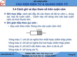 BÀI GIẢNG MÔN
CẤU KIỆN ĐIỆN TỬ & QUANG ĐIỆN TỬ
www.ptit.edu.vn GIẢNG VIÊN: ThS. Trần Thục Linh
BỘ MÔN: Kỹ thuật điện tử - KHOA KTĐT1
Trang 43
3.4 Cách ghi và đọc tham số trên cuộn cảm
Ghi trực tiếp: cách ghi đầy đủ các tham số độ tự cảm L, dung
sai, loại lõi cuộn cảm… Cách này chỉ dùng cho các loại cuộn
cảm có kích thước lớn.
Ghi gián tiếp theo qui ước :
Quy ước theo mầu: Dùng cho các cuộn cảm nhỏ
Vòng màu 1: chỉ số có nghĩa thứ nhất hoặc chấm thập phân
Vòng màu 2: chỉ số có nghĩa thứ hai hoặc chấm thập phân
Vòng màu 3: chỉ số 0 cần thêm vào, đơn vị đo là μH
Vòng màu 4: chỉ dung sai %.
1,2,3,4
 