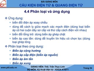 BÀI GIẢNG MÔN
CẤU KIỆN ĐIỆN TỬ & QUANG ĐIỆN TỬ
www.ptit.edu.vn GIẢNG VIÊN: ThS. Trần Thục Linh
BỘ MÔN: Kỹ thuật điện tử - KHOA KTĐT1
Trang 54
4.4 Phân loại và ứng dụng
Ứng dụng:
biến đổi điện áp xoay chiều
dùng để cách ly giữa mạch các mạch điện (dùng loại biến
áp có hai cuộn dây sơ cấp và thứ cấp cách điện với nhau)
biến đổi tổng trở: dùng biến áp ghép chặt
biến áp cao tần: dùng để truyền tín hiệu có chọn lọc (dùng
loại ghép lỏng
Phân loại theo ứng dụng:
Biến áp cộng hưởng
Biến áp cấp điện (biến áp nguồn)
Biến áp âm tần
Biến áp xung
 