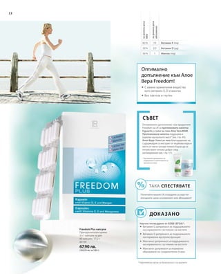 80190
67,90 лв.
(182,53 лв. за 100 г)
22
Оптималното допълнение към продуктите
Freedom на LR са протеиновата напитка
Figuactiv и гелът за тяло Aloe Vera MSM.
Протеиновата напитка поддържа и
укрепва мускулната маса* (вж. стр. 45).
Алое Вера Гелът за тяло благодарение на
съдържащия се екстракт от върбова кора и
листа от мечо грозде помага бързо да се
почувствате отново добре след
натоварвания (вж. стр. 51).
СЪВЕТ
* Протеините допринасят за
поддържане и увеличаване на
мускулната маса.
2,5
1
10
50 %
50 %
83 %
задневнадоза
NRV
задневнадоза
абсолютно
Витамин Е (mg)
Витамин D (µg)
Манган (mg)
Оптимално
допълнение към Алое
Вера Freedom!
 	С важни хранителни вещества
като витамин E, D и манган
 	Без лактоза и глутен
Freedom Plus капсули
Препоръчителен прием:
2 х 1 капсула на ден
60 капсули / 37,2 г
ТАКА СПЕСТЯВАТЕ
Попитайте вашия LR сътрудник за още по-
изгодните цени за комплект или абонамент!
ДОКАЗАНО
Научно потвърдено от ЕОБХ (EFSA)*:
 Витамин D допринася за поддържането
на нормалното състояние на костите
 Витамин D допринася за поддържането
на нормална мускулна функция
 Манганът допринася за поддържането
на нормалното състояние на костите
 Манганът допринася за нормално
образуване на съединителна тъкан
* Европейски орган за безопасност на храните
 