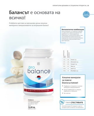 35|
53%
87%
45%
150%
160%
15%
200
695
453
60
80
300
80102
72,90 лв.
(28,93 лв. за 100 г)
ХРАНИТЕЛНИ ДОБАВКИ И СПЕЦИА ЛНИ ПРОДУКТИ
Балансът е основата на
всичко!
ProBalance доставя на организма ценни алкални
минерали и микроелементи за вътрешния баланс!
Някои минерали са в хармония помежду
си, други могат дори да възпрепятстват
действието си. Затова правилната
комбинация е изключително важна. Само
така минералните вещества могат да
подпомогнат алкално-киселинния баланс
на организма и да изпълняват много
други функции.
Интелигентна комбинация
задневнадоза
NRV
задневнадоза
абсолютно
Калий (mg)
Магнезий (mg)
Калций (mg)
Мед (µg)
Хром (µg)
Молибден (µg)
ТАКА СПЕСТЯВАТЕ
Попитайте вашия LR сътрудник за още по-
изгодните цени за комплект или абонамент!
Алкални минерали
за повече
благосъстояние!
	Подбрани и специално съчетани
минерали и микроелементи
	Ценна комбинация от цитрати,
карбонати и глюконати.
	Без лактоза
ProBalance
Препоръчителен прием:
3 х 4 таблетки дневно
360 таблетки / 252 г
 
