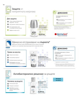 56
50 мл
25022
28,50 лв.
(57,00 лв. за 100 мл)
150 мл
25070
54,50 лв.
(36,33 лв. за 100 мл)
75 мл
25051
32,90 лв.
(43,87 лв. за 100 мл)
Антибактериално решение за ръцете
Потвърдена ефективност от Derma
Consult GmbH
• 100% потвърждават, че образуването на
пърхот намалява**
• 80% потвърждават, че кожата на главата не е
толкова суха и зачервена**
ДОКАЗАНО
MICROSILVER PLUS
Ефикасно отстраняване на пърхота*
Хигиена
за изпът
Хигиена за ръцете:
Хигиена без вода
Усещане за свежест
Zink Cite изгражда
защитен филм върху
ръцете
Грижа за косата:
Нежно почистване
Отстранява пърхота*
Антибактериално действие
* предизвикан от суха кожа на главата
** Шампоанът против пърхот MICROSILVER PLUS е тестван
от 10 мъже на възраст от 22 до 56 г. в проучване на
Derma Consult GmbH за период от април до юни 2008 г.
Шампоанът против пърхот MICROSILVER PLUS не само отстранява
пърхота, но и намалява свръхпроизводството на рогови клетки.
MICROSILVER PLUS
Гел за ръце
Особено подходящ за
бързо почистване на
ръцете, когато нямате
вода на разположение.
Шампоан против пърхот
Мек и щадящ шампоан против
пърхот. Подходящ за ежедневна
употреба.
Октопирокс регулира
състоянието на кожата на главата
MICROSILVER PLUS
Рол-он дезодорант
Нанасяйте рол-она
сутрин или след душ.
Део защита:
Силен срещу неприятната
миризма – 24 часа
Без алкохол: нежен към кожата
Без алуминиеви соли:
не затваря потните жлези
Талкът попива потта
* Антибактериалният рол-он дезодорант е тестван
от 20 жени и мъже на възраст от 25 до 76 г.
в проучване на dermatest GmbH за период от 4
седмици през април 2010 г.
ДОКАЗАНО
Потвърдена ефективност от
dermatest:
• 80% потвърждават, че не се появява
неприятна миризма*
• 80% потвърждават, че не се появяват
кожни раздразнения*
Защита от
неприятната миризма
 