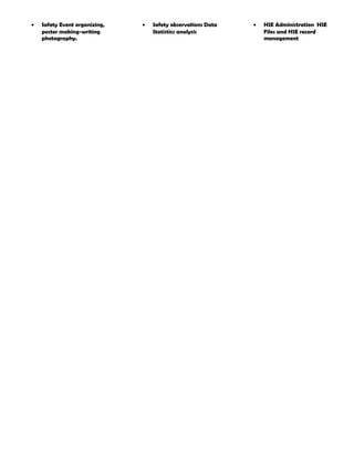 • Safety Event organizing,
poster making-writing
photography.
• Safety observations Data
Statistics analysis
• HSE Administration HSE
Files and HSE record
management
 