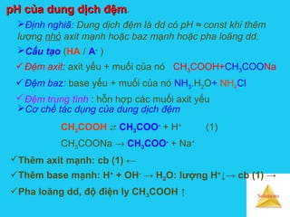 Solutions
pH của dung dịch đệmpH của dung dịch đệm.
Định nghiã: Dung dịch đệm là dd có pH ≈ const khi thêm
lượng nhỏ axit mạnh hoặc baz mạnh hoặc pha loãng dd.
Cấu tạo (HA / A-
)
Đệm axit: axit yếu + muối của nó CH3COOH+CH3COONa
Đệm baz: base yếu + muối của nó NH3.H2O+ NH4Cl
Đệm trung tính : hỗn hợp các muối axit yếu
Cơ chế tác dụng của dung dịch đệm
CH3COOH  CH3COO-
+ H+
(1)
CH3COONa → CH3COO-
+ Na+
Thêm axit mạnh: cb (1) ←
Thêm base mạnh: H+
+ OH-
→ H2O: lượng H+
↓→ cb (1) →
Pha loãng dd, độ điện ly CH3COOH ↑
 