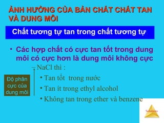 Solutions
• Các hợp chất có cực tan tốt trong dung
môi có cực hơn là dung môi không cực
Độ phân
cực của
dung môi
– NaCl thì :
• Tan tốt trong nước
• Tan ít trong ethyl alcohol
• Không tan trong ether và benzene
ẢNH HƯỞNG CỦA BẢN CHẤT CHẤT TANẢNH HƯỞNG CỦA BẢN CHẤT CHẤT TAN
VÀ DUNG MÔIVÀ DUNG MÔI
Chất tương tự tan trong chất tương tự.
 