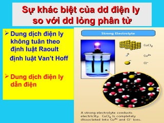 Solutions
Sự khác biệt của dd điện lySự khác biệt của dd điện ly
so với dd lỏng phân tửso với dd lỏng phân tử
 Dung dịch điện ly
không tuân theo
định luật Raoult
định luật Van’t Hoff
 Dung dịch điện ly
dẫn điện
 