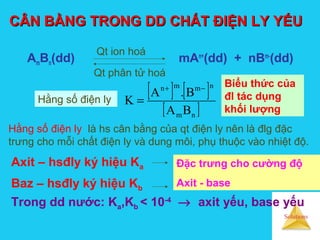 Solutions
CÂN BẰNG TRONG DD CHẤT ĐIỆN LY YẾUCÂN BẰNG TRONG DD CHẤT ĐIỆN LY YẾU
AmBn(dd) mAn+
(dd) + nBm-
(dd)
Qt ion hoá
Qt phân tử hoá
Hằng số điện ly
[ ] [ ]
[ ]nm
nmmn
BA
B.A
K
−+
=
Hằng số điện ly là hs cân bằng của qt điện ly nên là đlg đặc
trưng cho mỗi chất điện ly và dung môi, phụ thuộc vào nhiệt độ.
Axit – hsđly ký hiệu Ka
Baz – hsđly ký hiệu Kb
Đặc trưng cho cường độ
Axit - base
Trong dd nước: Ka,Kb < 10-4
→ axit yếu, base yếu
Biểu thức của
đl tác dụng
khối lượng
 