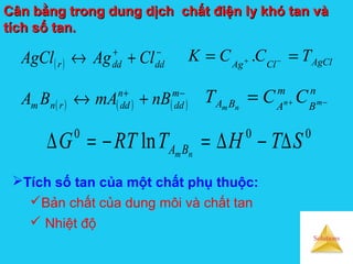 Solutions
Cân bằng trong dung dịch chất điện ly khó tan vàCân bằng trong dung dịch chất điện ly khó tan và
tích số tan.tích số tan.
( )
−+
+↔ ddddr ClAgAgCl AgClClAg
TCCK == −+ .
( ) ( ) ( )
−+
+↔ m
dd
n
ddrnm nBmABA
n
B
m
ABA mn
nm
CCT −+=
000
ln STHTRTG nmBA ∆−∆=−=∆
Tích số tan của một chất phụ thuộc:
Bản chất của dung môi và chất tan
 Nhiệt độ
 