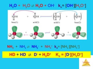 Solutions
H2O + H2O  H3O + OH-
kn= [OH-
][H3O+
]
NH3 + NH3  NH2
-
+ NH4
+
kd= [NH2
-
][NH4
+
]
HD + HD  D-
+ H2D+
Kd = [D-
][H2D+
]
 