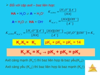 Solutions
 Đối với cặp axit – baz liên hợp:
HA + H2O  A-
+ H3O+
][
]][[ 3
)(
HA
AOH
K HAa
−+
=
A-
+ H2O  HA + OH-
][
]][[
)( −
−
=−
A
OHHA
K Ab
nAbHAa KOHOH
A
OHHA
x
HA
AOH
KK === −+
−
−−+
− ]][[
][
]][[
][
]][[
3
3
)()(
pKa + pKb = pKn = 14
Ka.Kb = Kd → pKa + pKb = pKd
Axit càng mạnh (Ka↑) thì baz liên hợp là baz yếu(Kb↓)
Axit càng yếu (Ka↓) thì baz liên hợp là baz mạnh (Kb↑)
Ka.Kb = Kn
 