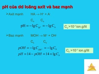 Solutions
pH của dd loãng axit và baz mạnhpH của dd loãng axit và baz mạnh
Axit mạnh HA → H+
+ A-
Ca Ca
aH
ClgClgpH −=−= +
Baz mạnh MOH → M+
+ OH-
Cb Cb
b
bOH
CpOHpH
CCpOH
lg1414
lglg
+=−=
−=−= −
Ca >10-7
ion.g/lit
Cb >10-7
ion.g/lit
 