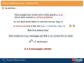 Chiave pubblica/privata - sistema RSA
😱 da decifrare….
Alice sceglie due numeri primi molto grandi pA e qA

ed un terzo numero eA (chiave pubblica)
eA non deve avere fattori in comune con (pA-1)(qA-1)
dA (chiave privata) è tale che eAdA =1 (mod (pA-1)(qA-1)) 😱 😱
Alice trasforma il suo messaggio per Bob in un numero M e lo cripta
M = C (mod pBqB )
Bob fa la stessa cosa
eA
C è il messaggio cifrato!
 