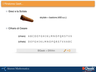 I Flinstones GeeK…
skytale = bastone (400 a.c.)
Greci e la Scitala
Cifrario di Cesare
A B C D E F G H I K L M N O P Q R S T V X
D E F G H I K L M N O P Q R S T V X A B C
(chiaro)
(cifrato)
BGeek = EKhhn 🔑 +3
 