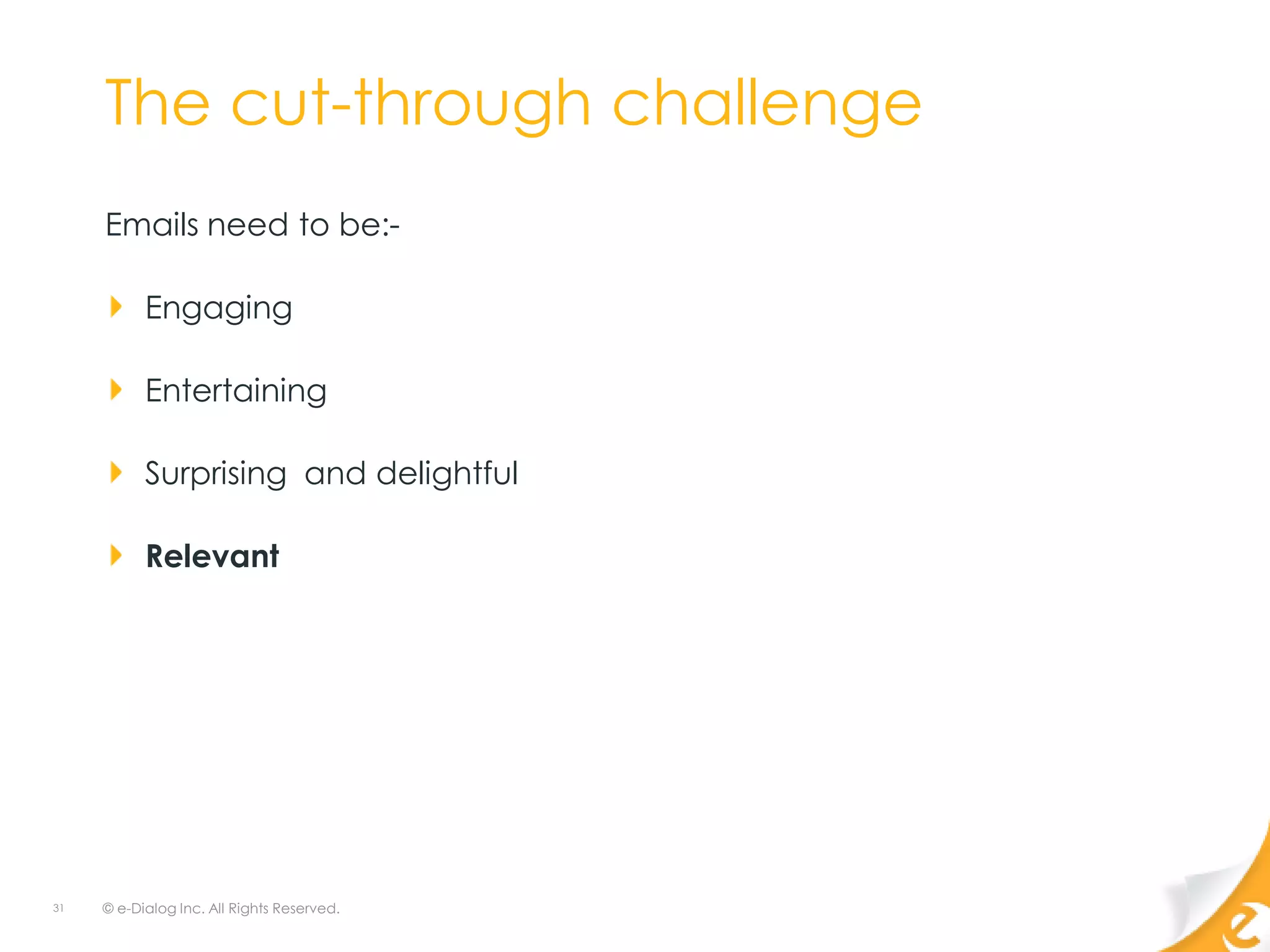 The cut-through challenge
     Emails need to be:-

           Engaging

           Entertaining

           Surprising and delightful

           Relevant




31   © e-Dialog Inc. All Rights Reserved.
 