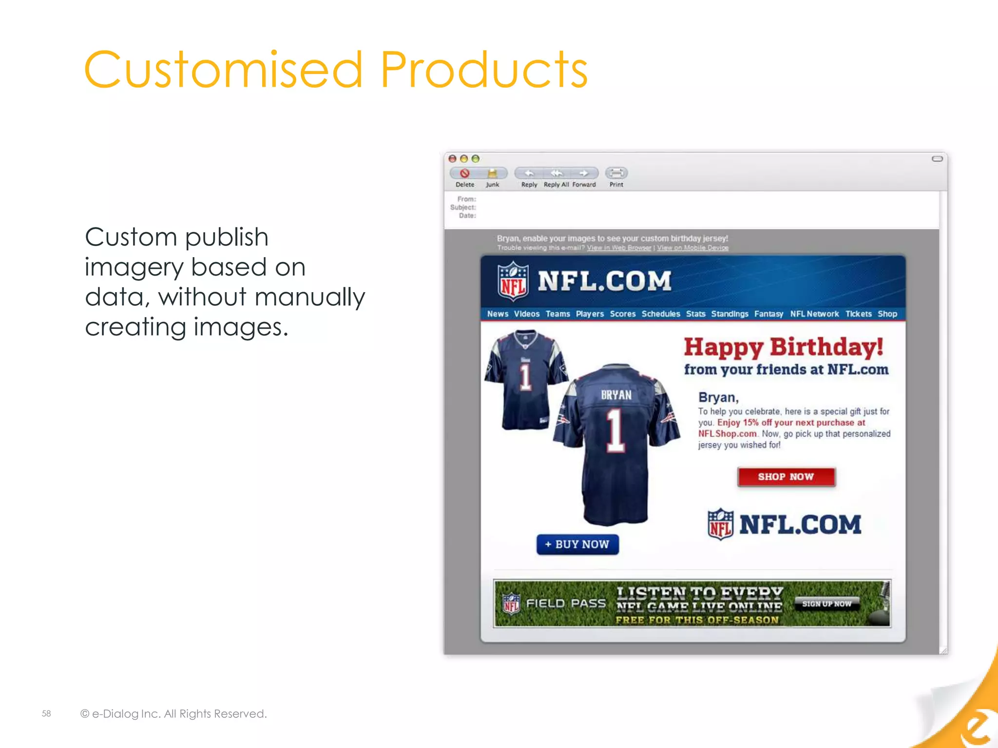 Customised Products


     Custom publish
     imagery based on
     data, without manually
     creating images.




58   © e-Dialog Inc. All Rights Reserved.
 
