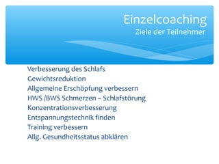 Verbesserung des Schlafs
Gewichtsreduktion
Allgemeine Erschöpfung verbessern
HWS /BWS Schmerzen – Schlafstörung
Konzentrationsverbesserung
Entspannungstechnik finden
Training verbessern
Allg. Gesundheitsstatus abklären
Einzelcoaching
Ziele der Teilnehmer
 