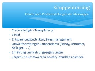 - Chronobiologie - Tagesplanung
- Schlaf
- Entspannungstechniken, Stressmanagement
- Umweltbelastungen kompensieren (Handy, Fernseher,
Kollegen,…..)
- Ernährung und Nahrungsergänzungen
- körperliche Beschwerden deuten, Ursachen erkennen
Gruppentraining
Inhalte nach Problemstellungen der Messungen
 