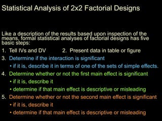 Statistical Analysis of 2x2 Factorial Designs
Like a description of the results based upon inspection of the
means, formal statistical analyses of factorial designs has five
basic steps:
1. Tell IVs and DV 2. Present data in table or figure
3. Determine if the interaction is significant
• if it is, describe it in terms of one of the sets of simple effects.
4. Determine whether or not the first main effect is significant
• if it is, describe it
• determine if that main effect is descriptive or misleading
5. Determine whether or not the second main effect is significant
• if it is, describe it
• determine if that main effect is descriptive or misleading
 