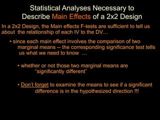 In a 2x2 Design, the Main effects F-tests are sufficient to tell us
about the relationship of each IV to the DV…
• since each main effect involves the comparison of two
marginal means -- the corresponding significance test tells
us what we need to know …
• whether or not those two marginal means are
“significantly different”
• Don’t forget to examine the means to see if a significant
difference is in the hypothesized direction !!!
Statistical Analyses Necessary to
Describe Main Effects of a 2x2 Design
 