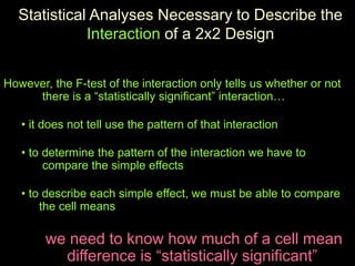 However, the F-test of the interaction only tells us whether or not
there is a “statistically significant” interaction…
• it does not tell use the pattern of that interaction
• to determine the pattern of the interaction we have to
compare the simple effects
• to describe each simple effect, we must be able to compare
the cell means
we need to know how much of a cell mean
difference is “statistically significant”
Statistical Analyses Necessary to Describe the
Interaction of a 2x2 Design
 