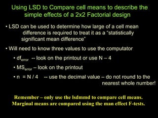 Using LSD to Compare cell means to describe the
simple effects of a 2x2 Factorial design
• LSD can be used to determine how large of a cell mean
difference is required to treat it as a “statistically
significant mean difference”
• Will need to know three values to use the computator
• dferror -- look on the printout or use N – 4
• MSerror – look on the printout
• n = N / 4 -- use the decimal value – do not round to the
nearest whole number!
Remember – only use the lsdmmd to compare cell means.
Marginal means are compared using the man effect F-tests.
 