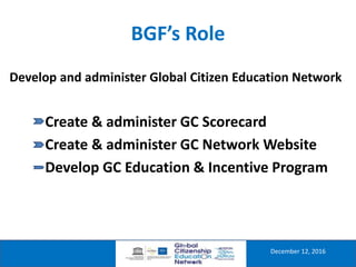 BGF’s Role
December 12, 2016
Develop and administer Global Citizen Education Network
Create & administer GC Scorecard
Create & administer GC Network Website
Develop GC Education & Incentive Program
 