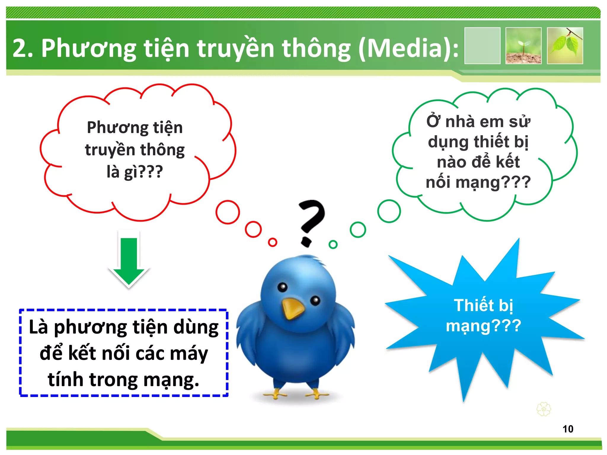 2. Phương tiện truyền thông (Media):
Phương tiện
truyền thông
là gì???

Là phương tiện dùng
để kết nối các máy
tính trong mạng.

Ở nhà em sử
dụng thiết bị
nào để kết
nối mạng???

Thiết bị
mạng???


10

 