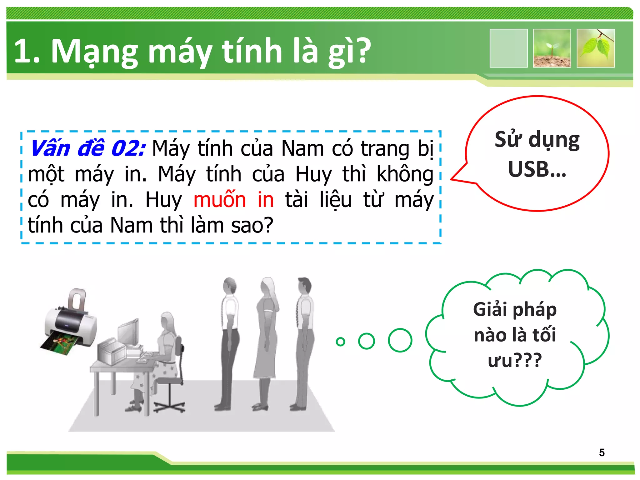 1. Mạng máy tính là gì?
Vấn đề 02: Máy tính của Nam có trang bị
một máy in. Máy tính của Huy thì không
có máy in. Huy muốn in tài liệu từ máy
tính của Nam thì làm sao?

Sử dụng
USB…

Giải pháp
nào là tối
ưu???

5

 