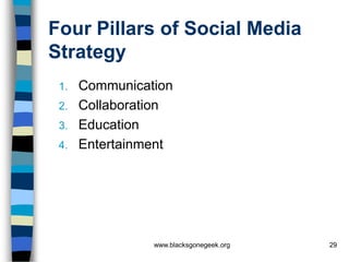 Four Pillars of Social Media
Strategy
 1.   Communication
 2.   Collaboration
 3.   Education
 4.   Entertainment




                www.blacksgonegeek.org   29
 