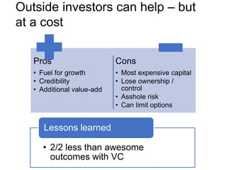 Outside investors can help – but
at a cost
Pros
• Fuel for growth
• Credibility
• Additional value-add
Cons
• Most expensi...