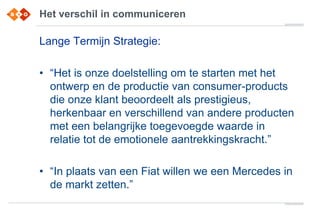 Het verschil in communiceren
Lange Termijn Strategie:
• “Het is onze doelstelling om te starten met het
ontwerp en de productie van consumer-products
die onze klant beoordeelt als prestigieus,
herkenbaar en verschillend van andere producten
met een belangrijke toegevoegde waarde in
relatie tot de emotionele aantrekkingskracht.”
• “In plaats van een Fiat willen we een Mercedes in
de markt zetten.”
 