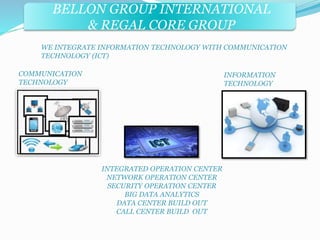 BELLON GROUP INTERNATIONAL 
WE INTEGRATE INFORMATION TECHNOLOGY WITH COMMUNICATION 
TECHNOLOGY (ICT) 
INTEGRATED OPERATION CENTER 
NETWORK OPERATION CENTER 
SECURITY OPERATION CENTER 
BIG DATA ANALYTICS 
DATA CENTER BUILD OUT 
CALL CENTER BUILD OUT 
INFORMATION 
TECHNOLOGY 
COMMUNICATION 
TECHNOLOGY 
& REGAL CORE GROUP 
 