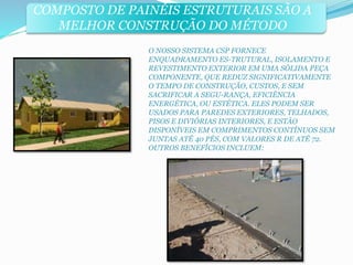 COMPOSTO DE PAINÉIS ESTRUTURAIS SÃO A 
MELHOR CONSTRUÇÃO DO MÉTODO 
O NOSSO SISTEMA CSP FORNECE 
ENQUADRAMENTO ES-TRUTURAL, ISOLAMENTO E 
REVESTIMENTO EXTERIOR EM UMA SÓLIDA PEÇA 
COMPONENTE, QUE REDUZ SIGNIFICATIVAMENTE 
O TEMPO DE CONSTRUÇÃO, CUSTOS, E SEM 
SACRIFICAR A SEGU-RANÇA, EFICIÊNCIA 
ENERGÉTICA, OU ESTÉTICA. ELES PODEM SER 
USADOS PARA PAREDES EXTERIORES, TELHADOS, 
PISOS E DIVIÓRIAS INTERIORES, E ESTÃO 
DISPONÍVEIS EM COMPRIMENTOS CONTÍNUOS SEM 
JUNTAS ATÊ 40 PÉS, COM VALORES R DE ATÉ 72. 
OUTROS BENEFÍCIOS INCLUEM: 
 