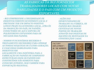 AS FABRICAS DA BGI FORNECEM 
TRABALHADORES LOCAIS COM NOVAS 
HABILIDADES E O PAIS COM UM PRODUTO 
EXPORTAVEL 
- BGI COMPREENDE A NECESSIDADE DE 
DESENVOLVIMENTO ECONÓMICO LOCAL E 
PRETENDE TER UM IMPACTO POSITIVE 
LONGO PRAZO NA ECONOMIA LOCAL, ATRA ÉS 
DA PRODUÇÃO NO PAÍS, DE PAINÉIS, 
CONECTORES DE AÇO E ESPUMA DE 
POLIESTIRENO EXPANDIDO PARA OS 
NÚCLEOS DOS PAINÉIS. 
- NOSSOS FUNCIONÃRIOS RECEBEM O 
TREINAMENTO NECESSÁRIO PARA OPERAR 
AS NOSSAS MÁQUINAS DE ÚLTIMA GERAÇÃO, 
E USAR ESSAS HABILIDADES PARA 
DESENVOLVER 
LOCALMENTE UMA INDÚSTRIA PARA A 
FABRICAÇÃO DE PAINÉIS DE COMPOSITO 
ESTRUTURAIS ONDE OS PAINÉIS SÃO 
CONSTRUÍDOS NÃO SOMENTE PARA 
CONSUMO INTERNO, MAS TAMBÊM PARA 
EXPORTAÇÃO REGIONAL. 
- ALÊM DAS 
OPORTUNIDADES DE 
TRABALHO NA FÁBRICA, OS 
PAINÉIS BGI CRIARÃO 
CENTENAS DE NOVOS 
POSTOS DE TRABALHO 
ATRAVÉS DAS DEZENAS DE 
EQUIPES DE MONTAGEM NA 
CONSTRUÇÃDE CASAS. 
 