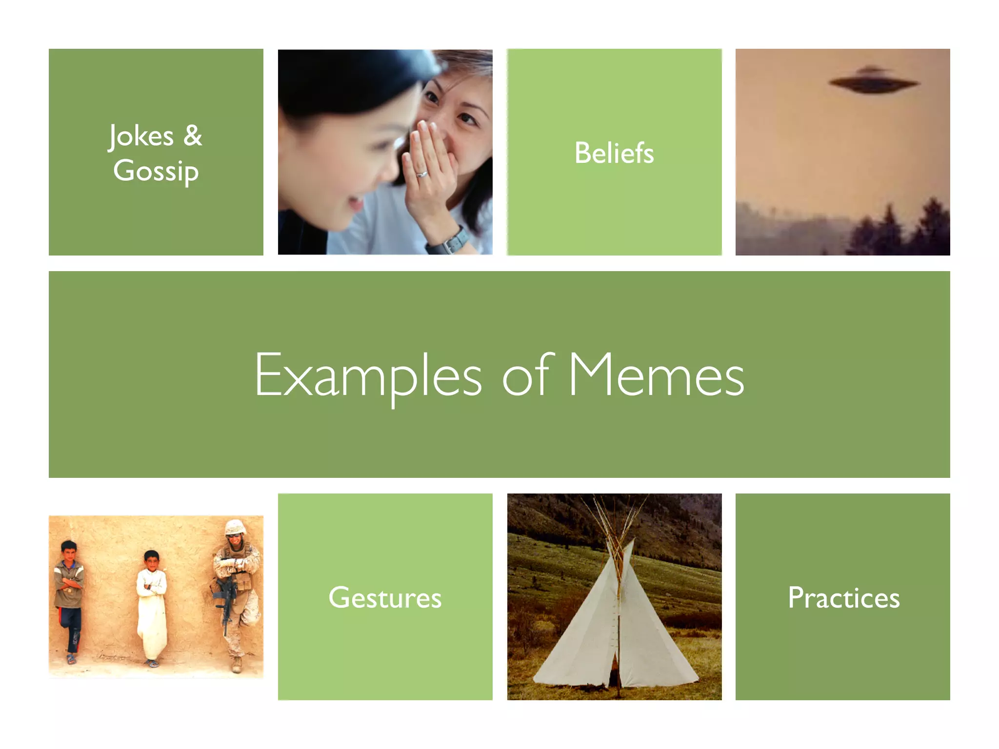 Jokes &
                       Beliefs
Gossip




          Examples of Memes


            Gestures             Practices
 