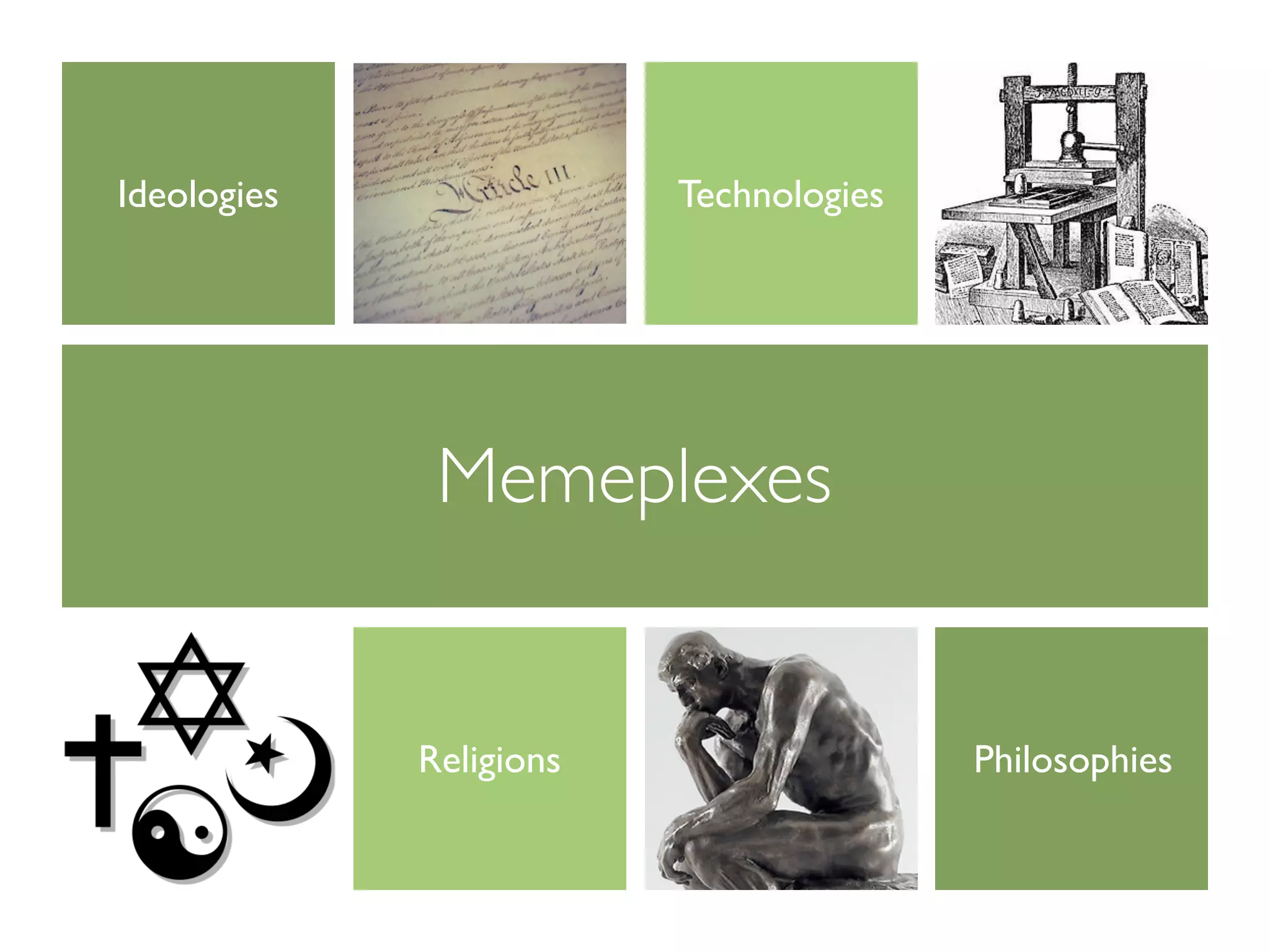 Ideologies               Technologies




              Memeplexes


             Religions                  Philosophies
 